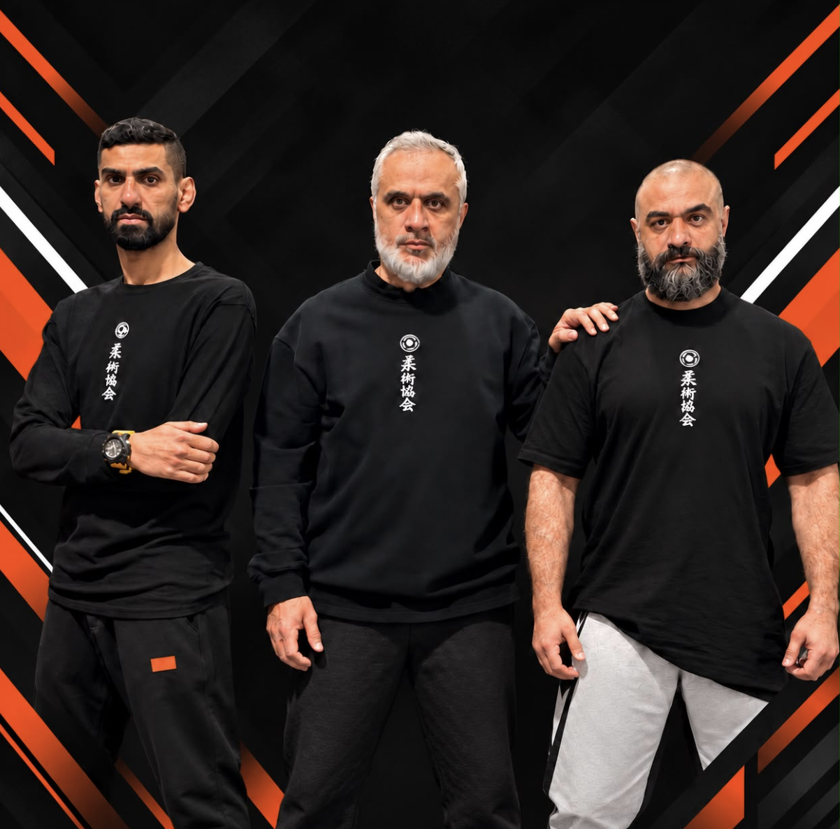 Three martial artists from International PFS Association against a black and orange background.